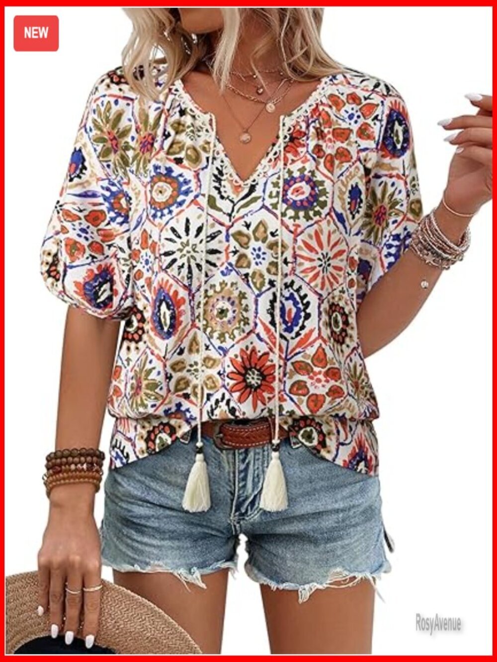 Boho Short Sleeve Floral Blouse Loose Fit V-Neck Lantern Sleeve Flowy